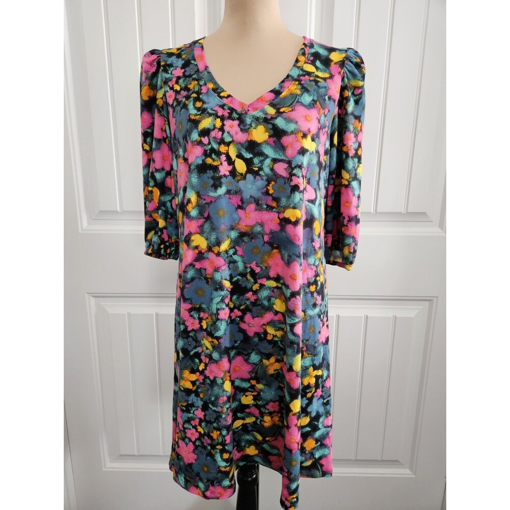 New Pioneer Woman Size M Vneck Floral Shift Dress Puff 3/4 Sleeve Stretch